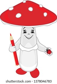 Funny amanita with a pencil and a ladybird in his hands. Vector