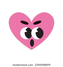 Funny amazed heart emoji, cartoon style, vintage groovy characters. Trendy modern vector illustration isolated on white background, hand drawn, flat design