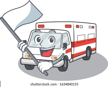 Funny ambulance cartoon character style holding a standing flag