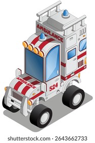 Funny ambulance. Isometric. Isolated on white background. Vector illustration.