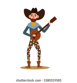 Funny American cowboy in a yellow bandana plays on the banjo. Vector illustration in flat cartoon style