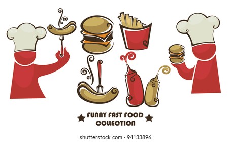 funny american fast food, vector collection of food symbols