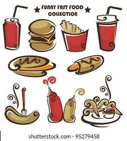 funny american fast food, vector collection of food icons