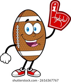 Funny American Football Mascot With Number One Foam Hand - Vector Hand Drawn Illustration Isolated On Transparent Background