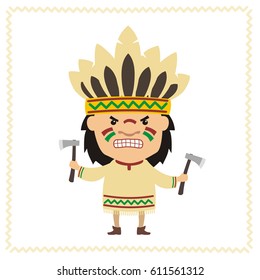 Funny american Indian in headdress of feathers with tomahawk in cartoon style.
