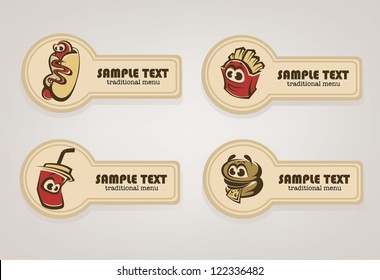 funny american menu stickers and labels, vector set