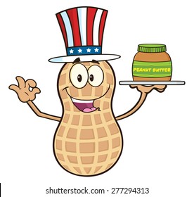 Funny American Peanut Cartoon Mascot Character Holding A Jar Of Peanut Butter. Vector Illustration Isolated On White