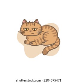 Funny amusing cat in pastel color. Sticker kitten in hand drawn style. Icon pet animal in lying pose isolated on white background. Vector illustration. Еmotion of bewilderment.