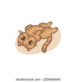 Funny amusing cat. Sticker kitten in lying pose in hand drawn style. Icon pet animal isolated on white background. Flat vector illustration.