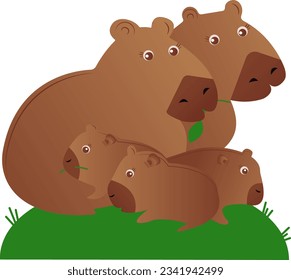 Funny amusing family of cute animals, capybarus, mom, dad, capybara kids, baby flat illustration isolated on white background, vector illustration, eps 10