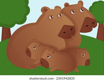 Funny amusing family of cute animals, capybarus, mom, dad, capybara kids, baby flat illustration isolated on white background, vector illustration, eps 10