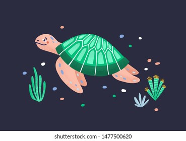 Funny amusing sea turtle isolated on dark background. Joyful marine reptile, adorable underwater animal, sea world creature. Exotic fauna of tropical ocean. Flat cartoon colorful vector illustration.