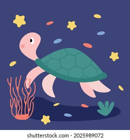 Funny amusing sea turtle isolated on a blue background with starfish and corals.  Cheerful marine reptile, underwater world, sea creature.  Flat vector illustration.