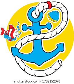 funny anchor in blue drawn in cartoon style on the background of a childish yellow sticker with a fish and a rope