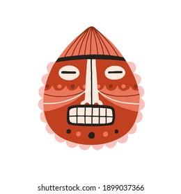 Funny ancient african tribal mask with closed eyes showing teeth in anger. Dreaded ethnic ritual symbol or souvenir isolated on white background. Hand-drawn flat vector illustration