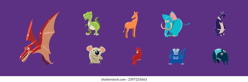 Funny Ancient Animal and Zoo Fauna Vector Set