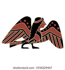 Funny ancient Greek Siren or Harpy. Half bird half woman. Fantastic mythological animal, Ethnic folk style. Vase painting motif.