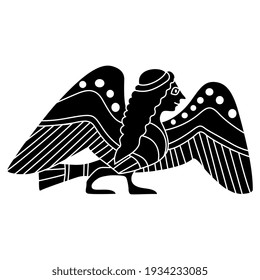 Funny ancient Greek Siren or Harpy. Half bird half woman. Fantastic mythological animal. Ethnic folk style. Vase painting motif. Black and white silhouette.