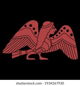 Funny ancient Greek Siren or Harpy. Half bird half woman. Fantastic mythological animal. Ethnic folk style. Vase painting motif. Monochrome black and red silhouette.