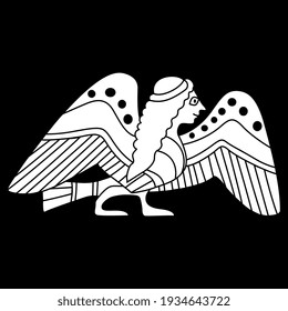 Funny ancient Greek Siren or Harpy. Half bird half woman. Fantastic mythological animal. Ethnic folk style. Vase painting motif. Black and white silhouette.