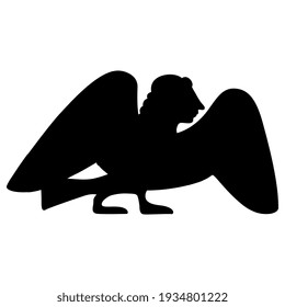 Funny ancient Greek Siren or Harpy. Half bird half woman. Fantastic mythological animal. Ethnic folk style. Vase painting motif. Black silhouette on white background.