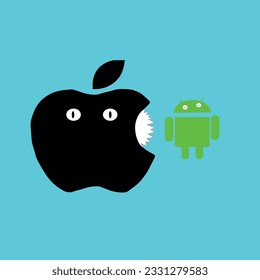 Divertido dibujo androide comiendo manzanas.