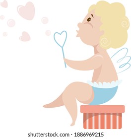 Burbujas divertidas de jabón de ángel sentadas en una caja con un regalo en estilo de caricatura, ilustración de material vectorial