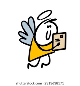 Funny angel with wings and a halo is flying in the sky, carrying a parcel to the recipient. Vector illustration of paradise mail.  Cartoon image isolated on white background.