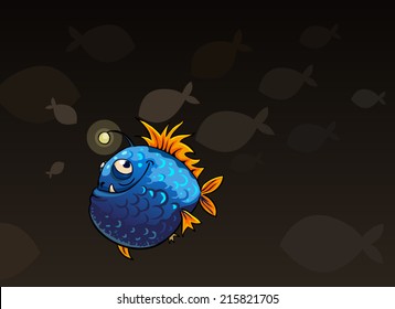 Funny angler fish in the deep water. Vector cartoon character