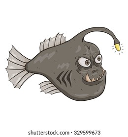 Funny Angler Fish Or Monkfish Look At His Light With Color And Outline