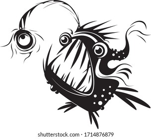 Funny Angler fish with scary toothy mouth, simply design with editable elements, for prints, tattoo art, animation or stencil. Vector