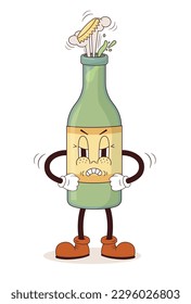 Funny angry bottle character in retro 70s groove style. Cartoon vector illustration. Vintage emotional lemonade beverage mascot 