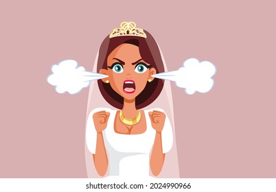 Funny Angry Bride Screaming Vector Cartoon Illustration. Furious spoiled newlywed shouting at wedding planner and guests
