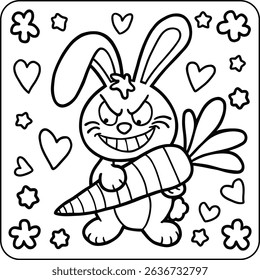 Funny Angry Bunny with Carrot Line Art Coloring Page