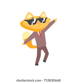 Funny angry businessman fox in a suit standing and gesturing, cute animal boss character cartoon vector Illustration on a white background