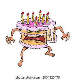 Funny Angry Cake. A Bad Birthday Holiday. Sweet Pastry Character Isolate On White Background