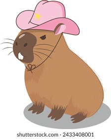 A funny angry capybara wears a pink cowboy hat. Cartoon flat vector style. Postcard, poster, sticker. 