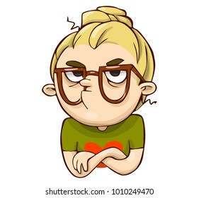 Funny angry cartoon girl. Vector displeased colorful character.