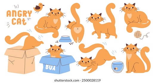 Divertido gato enojado descontento animal mascota personaje de dibujos animados de acción diferente y plantea colección. Gatito de color rojo furioso con expresiones de cara de bozal malvado lindo y varias Ilustraciones vectoriales de comportamiento