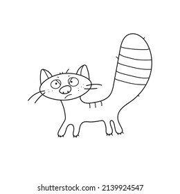 Gracioso gato enojado con una cola rayada. Dibujo manuscrito de vectores en blanco y negro.