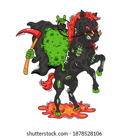 Funny angry corona virus ride on hell horse. Vector line cartoon character illustration icon. Isolated on white background. Coronavirus, covid-19 concept