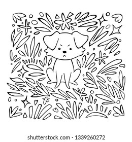 Funny angry dog and leaf patterns. Linear, black and white image of a pet. Doodle Sketch style vector illustration for coloring book, stencil, design, prints.