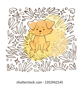 Funny angry dog and leaf patterns. Linear, black and white image of a pet. Doodle Sketch style vector illustration for coloring book, stencil, design, prints.