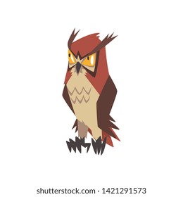 Funny Angry Eurasian Eagle Owl Bird Character with Brown Plumage Vector Illustration