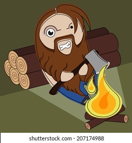 Funny angry hairy bearded lumberjack with ax sitting near campfire