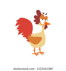 Funny angry hen, comic cartoon chicken bird character with big eyes vector Illustration on a white background