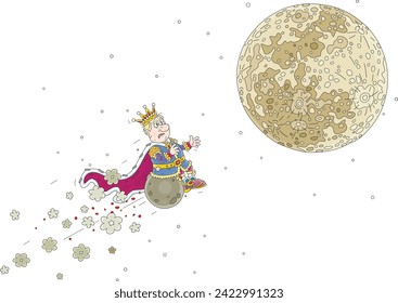 Funny angry king flying to the Moon on a rusty cannonball fired from his old royal cannon, vector cartoon illustration on white