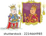 Funny angry king in a golden crown arguing with himself and talking to his reflection in a mirror by candlelight, vector cartoon illustration isolated on a white background