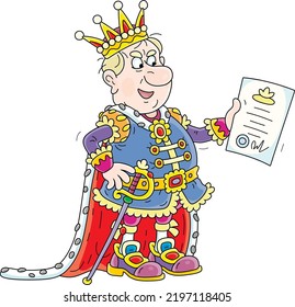 Funny angry king in a golden crown reading aloud his important royal decree, vector cartoon illustration isolated on a white background