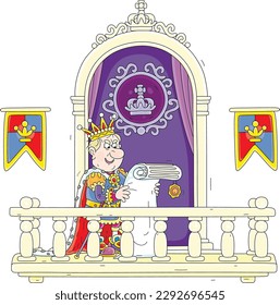 Funny angry king in a golden crown standing on a balcony of a palace and proclaiming his important royal decree for people of a fairy kingdom, vector cartoon illustration isolated on white